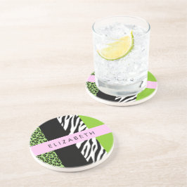 Leopard Print, Zebra Print, Green, Jouw naam Zandsteen Onderzetter