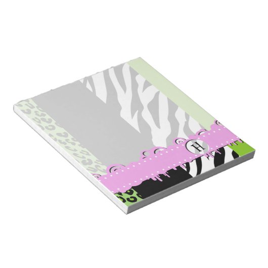 Leopard Print, Zebra Print, Green, Monogram Notitieblok (Schuin)