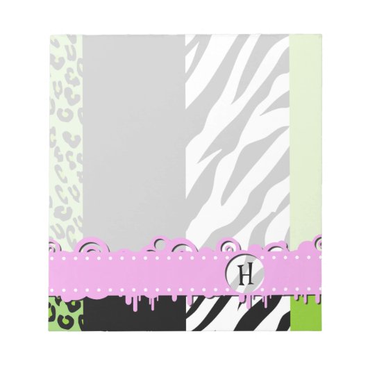 Leopard Print, Zebra Print, Green, Monogram Notitieblok (Voorkant)