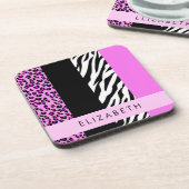 Leopard Print, Zebra Print, Roze, Jouw naam Bier Onderzetter (Linkerzijde)