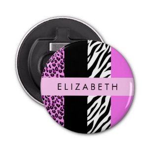 Leopard Print, Zebra Print, Roze, Jouw naam Button Flesopener