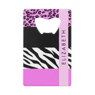 Leopard Print, Zebra Print, Roze, Jouw naam Creditkaart Flessenopener