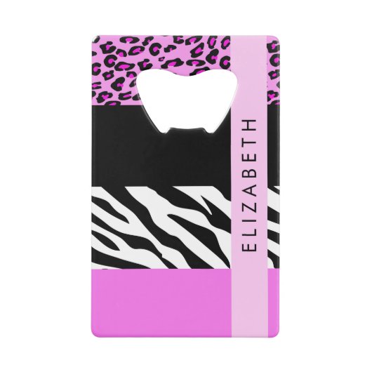 Leopard Print, Zebra Print, Roze, Jouw naam Creditkaart Flessenopener (Voorkant)