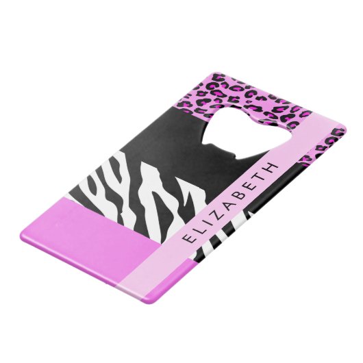 Leopard Print, Zebra Print, Roze, Jouw naam Creditkaart Flessenopener (Voorkant Gekanteld)