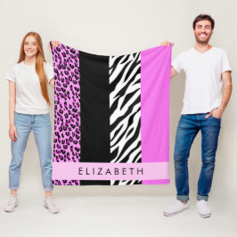 Leopard Print, Zebra Print, Roze, Jouw naam Fleece Deken
