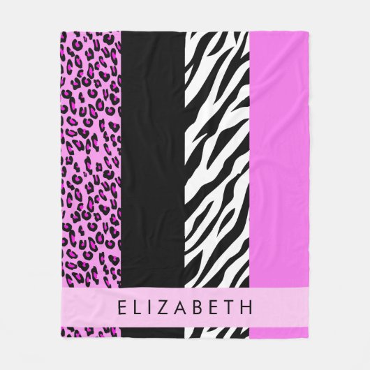 Leopard Print, Zebra Print, Roze, Jouw naam Fleece Deken (Voorkant)