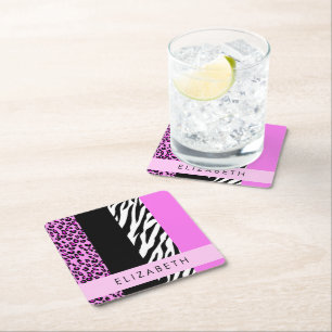 Leopard Print, Zebra Print, Roze, Jouw naam Kartonnen Onderzetters