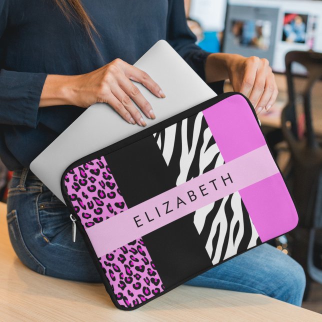 Leopard Print, Zebra Print, Roze, Jouw naam Laptop Sleeve (Creator heeft geüpload)
