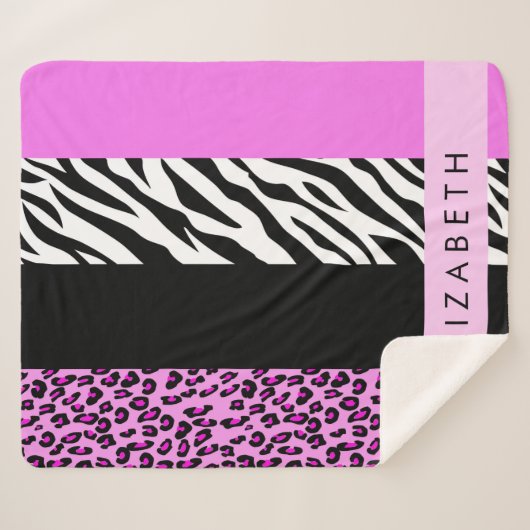 Leopard Print, Zebra Print, Roze, Jouw naam Sherpa Deken (Voorkant (horizontaal))