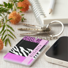 Leopard Print, Zebra Print, Roze, Jouw naam Sleutelhanger