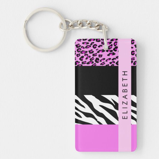 Leopard Print, Zebra Print, Roze, Jouw naam Sleutelhanger (Voorkant)