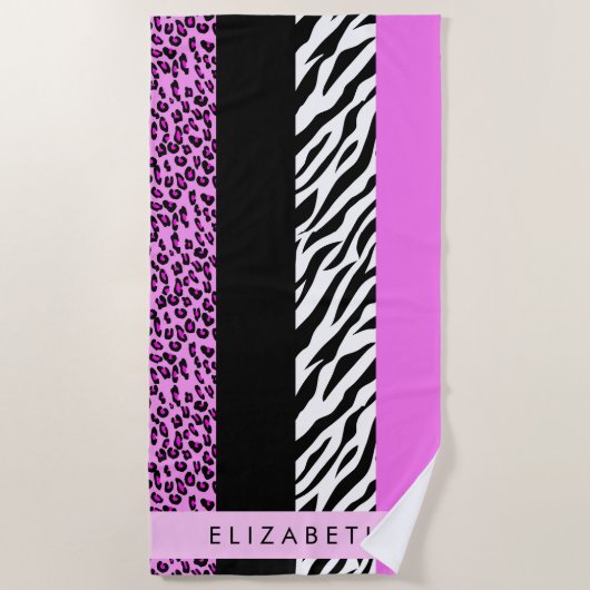 Leopard Print, Zebra Print, Roze, Jouw naam Strandlaken (Voorkant)