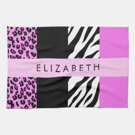 Leopard Print, Zebra Print, Roze, Jouw naam Theedoek