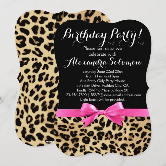 Leopard Print Zwart w / Hot Pink Bow Verjaardagsfe Kaart (Voorkant / Achterkant)
