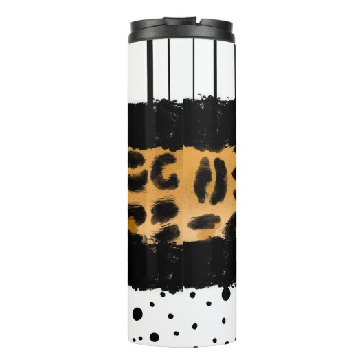 Leopard Print, zwarte en witte poolpunten, strepen Thermosbeker (Achterkant)