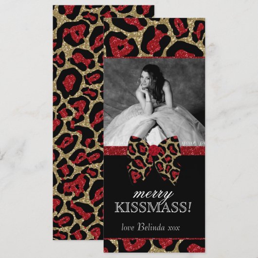 Leopard Quinceanera Kerstmis Glitter Bow Kaart (Voorkant / Achterkant)