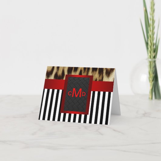 Leopard Red Black White Stripe Monogram Bedankkaart (Voorkant)