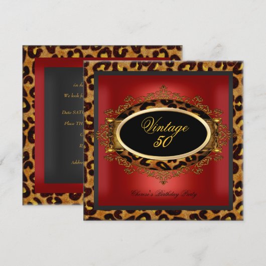 Leopard Red Gold Black Birthday Party  50 Kaart (Voorkant / Achterkant)