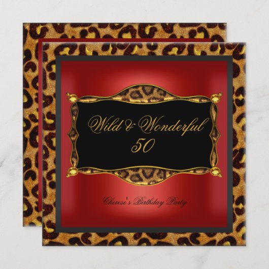 Leopard Red Gold Black Birthday Party Wild 50 Kaart (Voorkant / Achterkant)