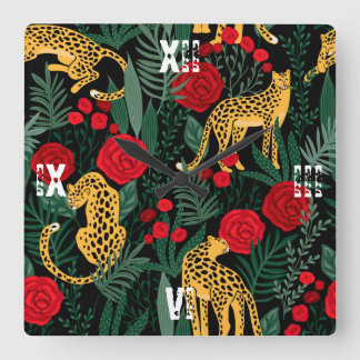 Leopard Red Roses Animal Safari Green Leaves Vierkante Klok