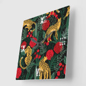 Leopard Red Roses Animal Safari Green Leaves Vierkante Klok (Hoek)