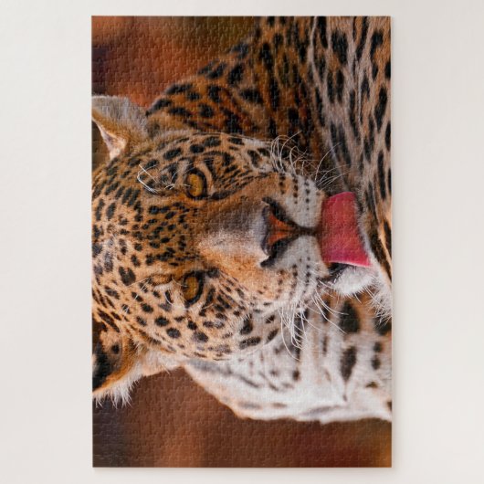 Leopard reinigde zijn poten op de grond legpuzzel (Verticaal)