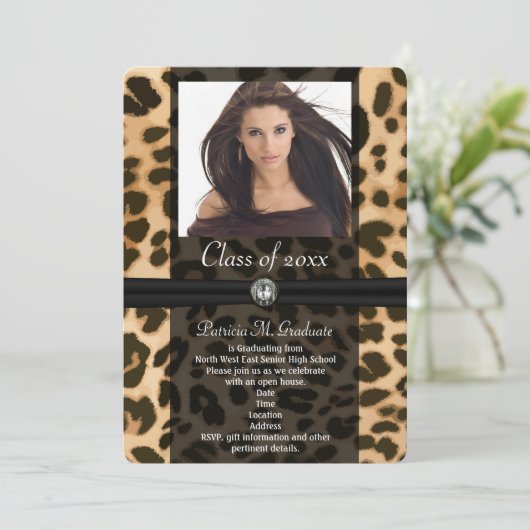 Leopard Ribbon Foto Afstuderen Kaart (Staand voorkant)