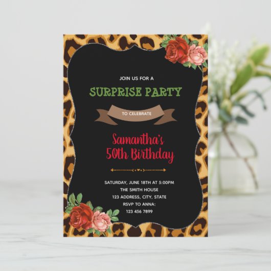 Leopard roos - uitnodiging voor volwassen verjaard (Staand voorkant)