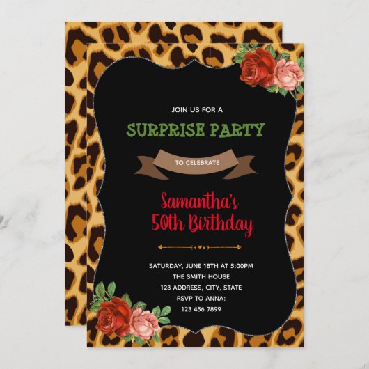 Leopard roos - uitnodiging voor volwassen verjaard (Voorkant / Achterkant)