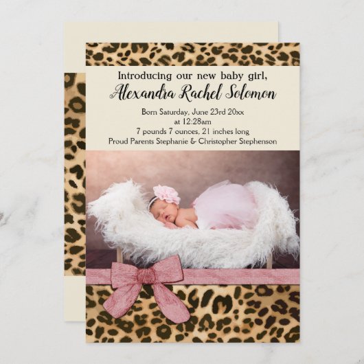 Leopard roze boog meisje Baby geboorte aankondigin Aankondiging (Voorkant / Achterkant)