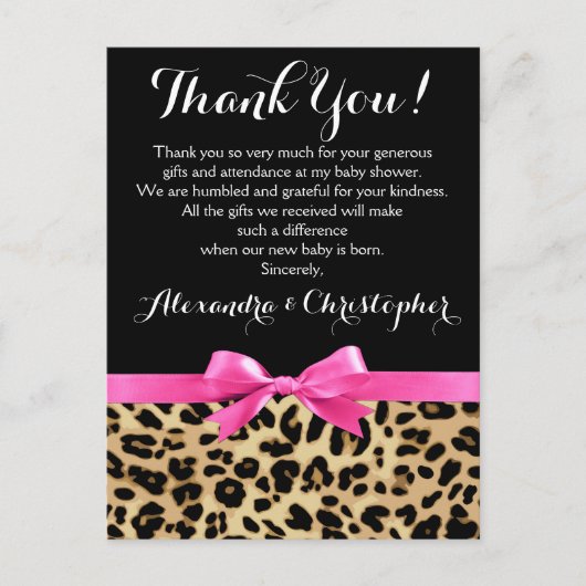 Leopard roze boog meisje safari Baby shower dank u Briefkaart (Voorkant)