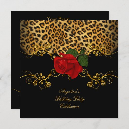 Leopard Rozen Red Black Gold Birthday Kaart (Voorkant / Achterkant)
