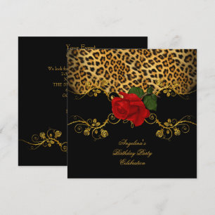 Leopard Rozen Red Black Gold Birthday Kaart