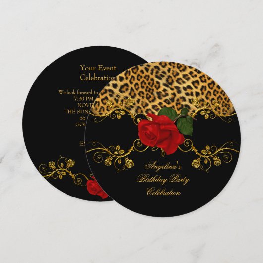 Leopard Rozen Red Black Gold Birthday Party 2 Kaart (Voorkant / Achterkant)