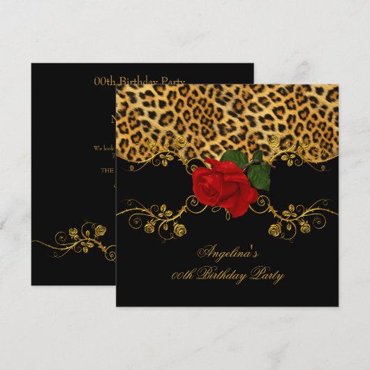 Leopard Rozen Red Black Gold Birthday Party 2 Kaart (Voorkant / Achterkant)
