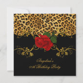 Leopard Rozen Red Black Gold Birthday Party 2 Kaart (Voorkant)
