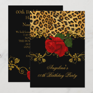 Leopard Rozen Red Black Gold Birthday Party 2 Kaart