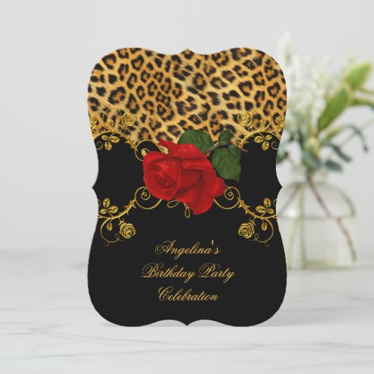 Leopard Rozen Red Black Gold Birthday Party 2 Kaart (Staand voorkant)