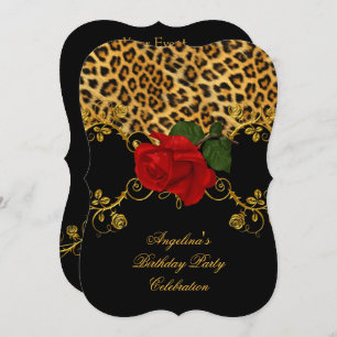 Leopard Rozen Red Black Gold Birthday Party 2 Kaart