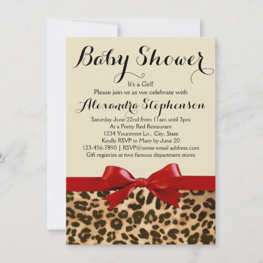 Leopard Safari Rode Boog Meisje Baby shower Uitnod Kaart (Voorkant)