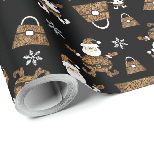 Leopard Santa Purse Pattern op Black Cadeaupapier (Rol Hoek)