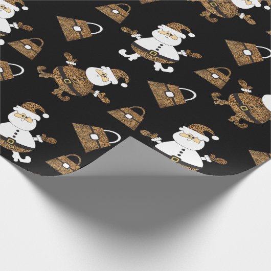 Leopard Santa Purse Pattern op Black Cadeaupapier (Hoek)