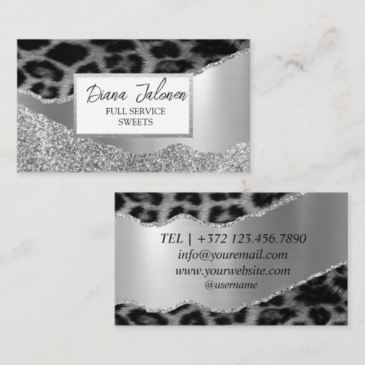 Leopard Silver Glitter Dames DIY Beauty Visitekaartje (Voorkant / Achterkant)