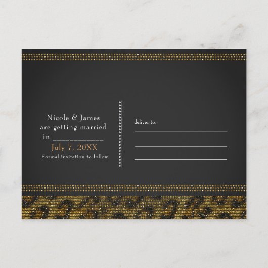 Leopard Sparkle Sequins Glam Chic Bewaar de datum Aankondigingskaart (Achterkant)