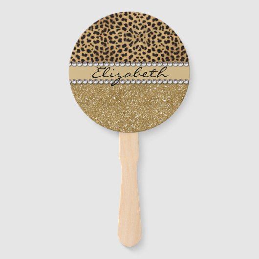 Leopard Spot Gold Glitter Rhinestone Handwaaier (Voorkant)