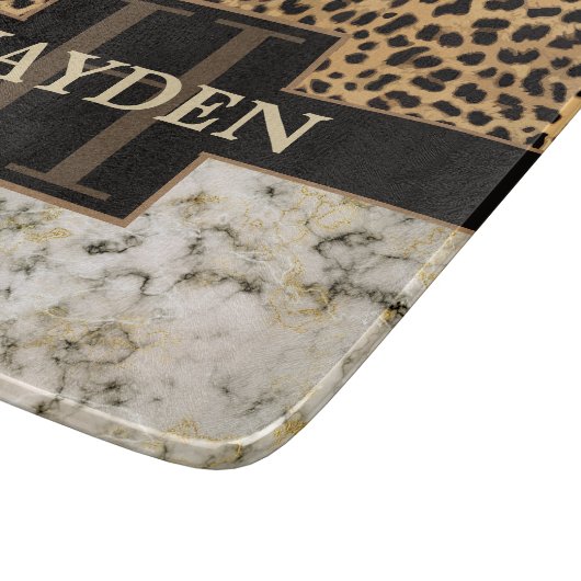 Leopard Spot Marble Monogram Naam Snijplank (Hoek)