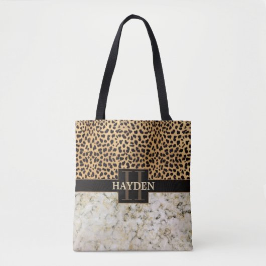 Leopard Spot Marble Monogram Naam Tote Bag (Voorkant)