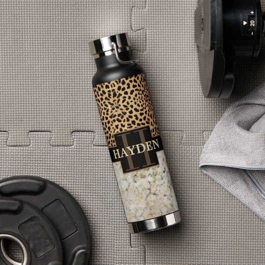 Leopard Spot Marble Monogram Naam Waterfles (Gym)