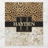 Leopard Spot Marble Monogram Naam Wijn Etiket (Enkel label)