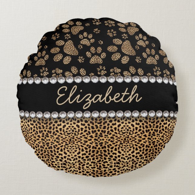Leopard Spot Paw Prins Rhinestone FOTO PRINT Rond Kussen (Voorkant)